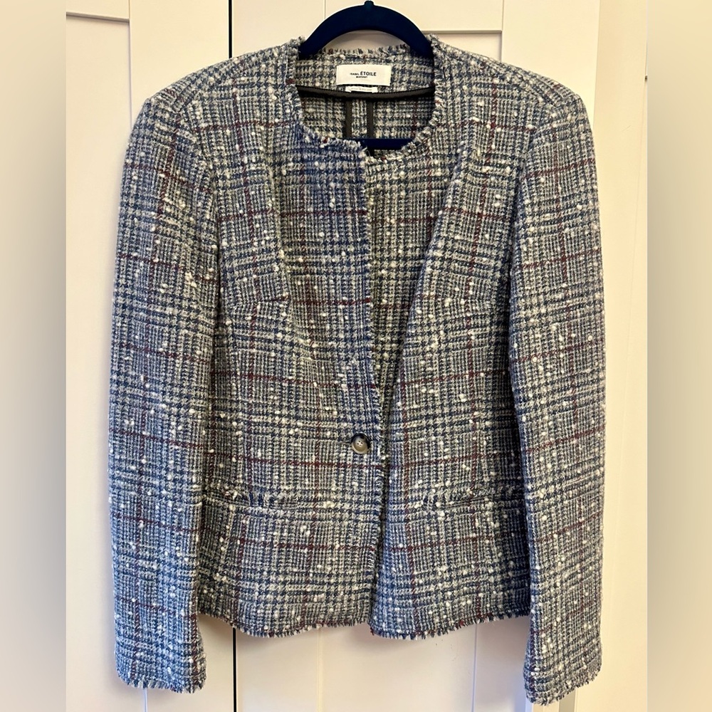 Isabel Etoile Marant Tweed Plaid Wool Blend Blazer Single Button